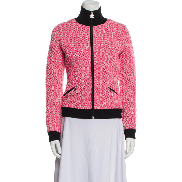 Chanel 19B Coco Neige Ski Pink Quilted Black Logo Wool Cardigan Zip Up Jacket 38 - Picture 2 of 16